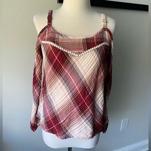 Jessica Simpson cold shoulder plaid top